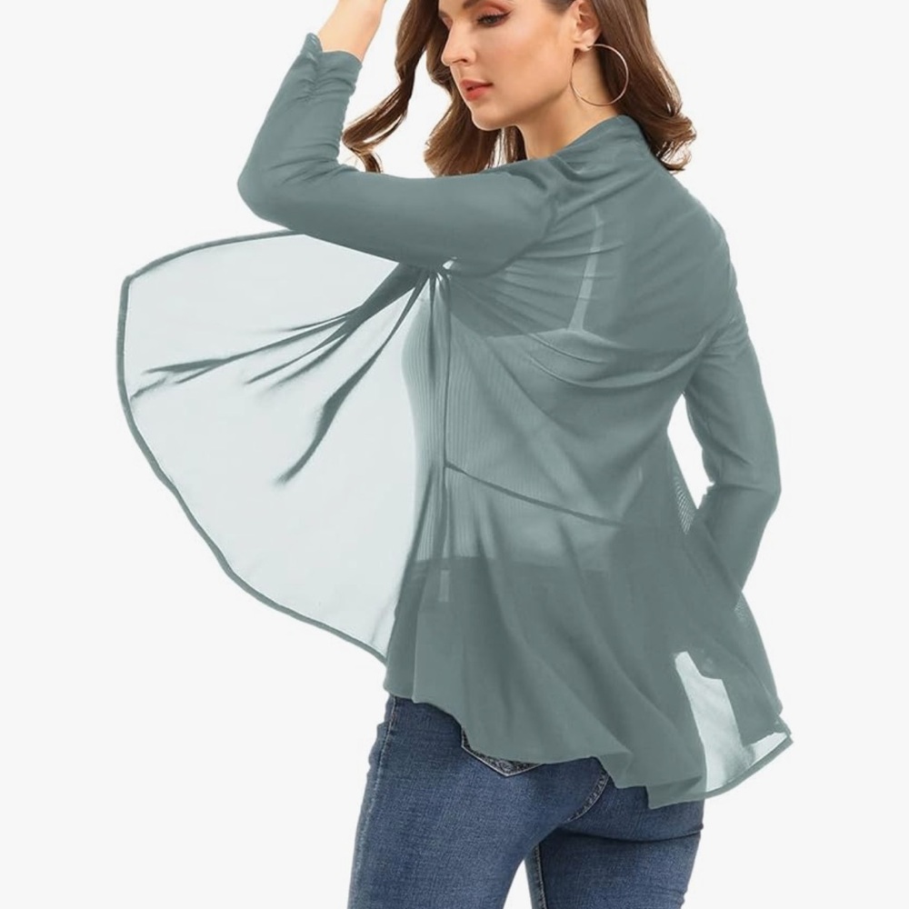 Sheer XXL Gray Open Front Flowy Soft Stretch Ruffle Chiffon Cardigan 3/4 Sleeve